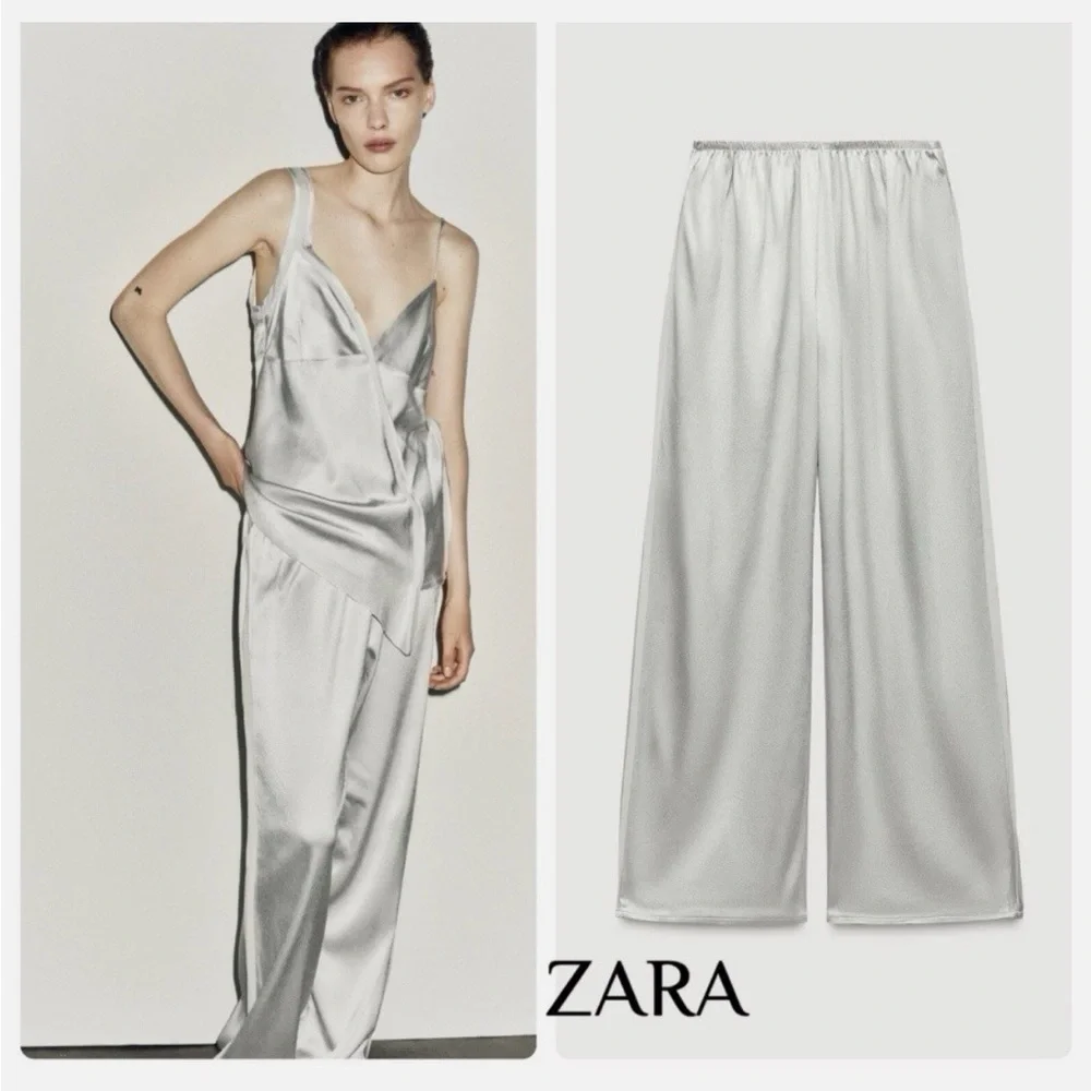 Zara SATIN EFFECT STRAIGHT LEG PANTS SILVER  size XS - Picture 4 of 17